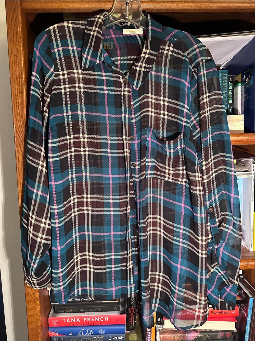 ModCloth Teal Plaid Blouse with Pink and Black Stripes